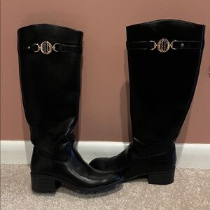 Black Knee-High  leather Boots with Gold Accents